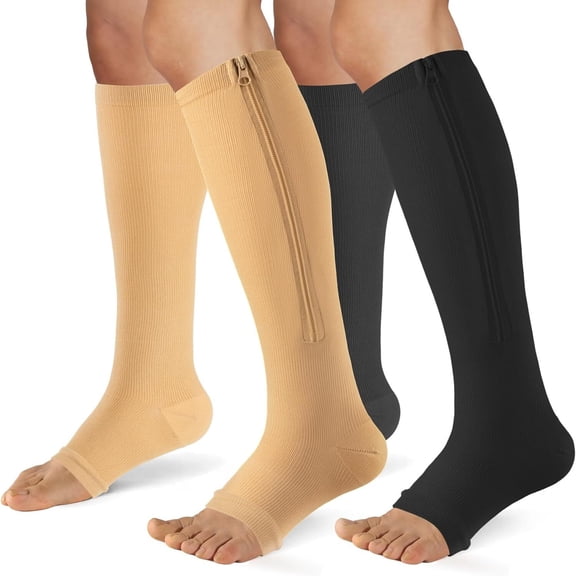 FORIEVIC Zipper Compression Socks Women & Men - 2Pairs Calf Knee High 15-20mmHg Open Toe Compression Stocking suit for Walking