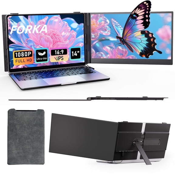 FORKA Laptop Screen Extender - 14" FHD Dual Portable Monitor, Plug & Play USB-C/HDMI, 1.3lbs Ultra-Thin Travel Monitor for 13"-17" Laptops, Mac/Windows/Android Compatible