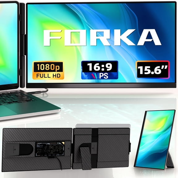 FORKA Laptop Screen Extender Dual Monitor for 13"-17" Laptops, 15.6" Portable 1080P FHD IPS Display, 85% NTSC, USB-C/HDMI, Compatible with Windows, Mac, Dex, Chrome
