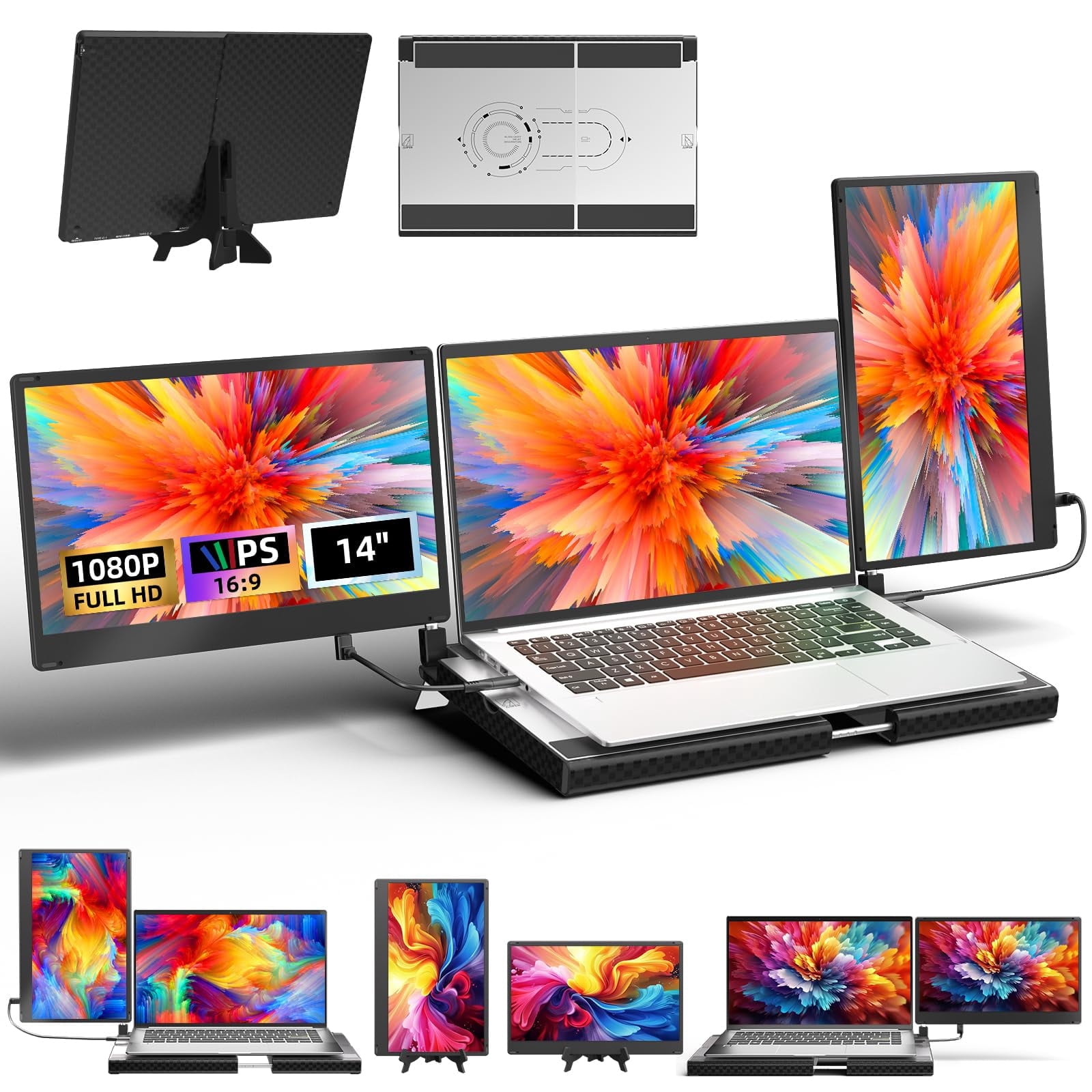 FORKA Laptop Screen Extender Portable - 14" Monitor IPS FHD 1080P HDMI USB-C Triple Detachable Display for 12-17.3 Inch Laptops Compatible with Windows Mac Chrome Surface Metal Base Travel Work Setup