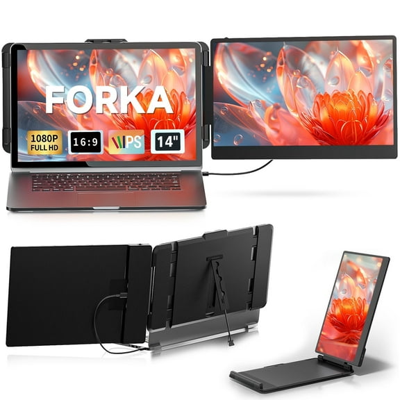 FORKA Portable Laptop Screen Extender - 14" Triple IPS FHD 1080P Monitor, HDMI/USB-A/Type-C, Compatible with Windows & Mac for Travel, Gaming, Work (Max Length: 15.74")