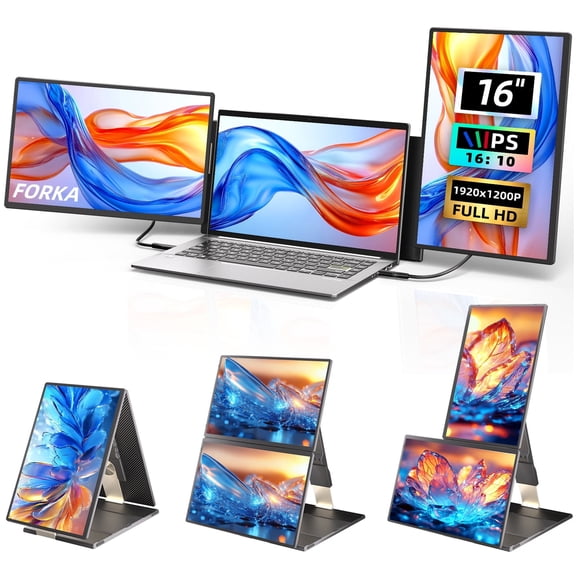 FORKA Laptop Screen Extender – 16" Triple Portable Monitor, 1920x1200P FHD IPS, 235° Rotation, Detachable Design, Compatible with Mac, Windows, Dex, Chrome, Fits 13"-17" Laptops