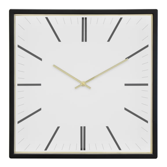 FORMA Square Modern Wall Clock, 16" Minimalist Black Frame with Gold Trim, Quartz Movement, Glass Face, Contemporary Indoor Wall Dcor