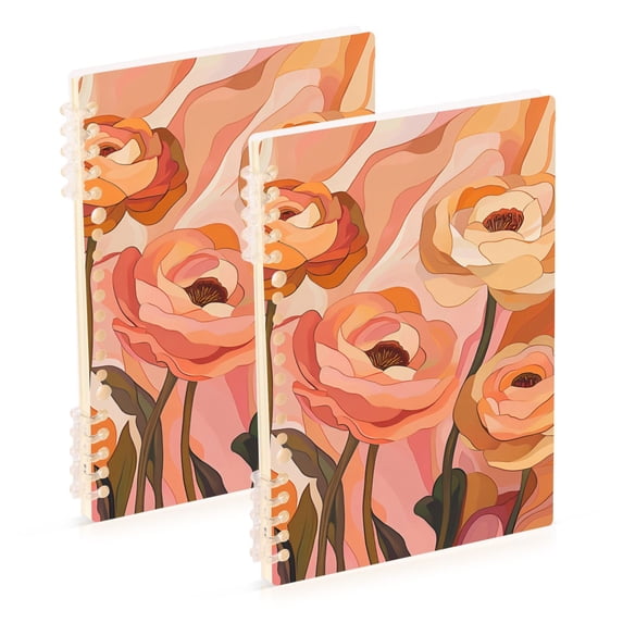 FORMRS 1-Subject Spiral Notebook 8" x 5" College Ruled 60 Refillable Sheet A5 Hard Cover, 2 Pack, Abstract Orange Flowers