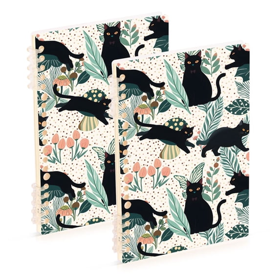 FORMRS 1-Subject Spiral Notebook 8" x 5" College Ruled 60 Refillable Sheet A5 Hard Cover, 2 Pack, Black Floral Cat Pattern