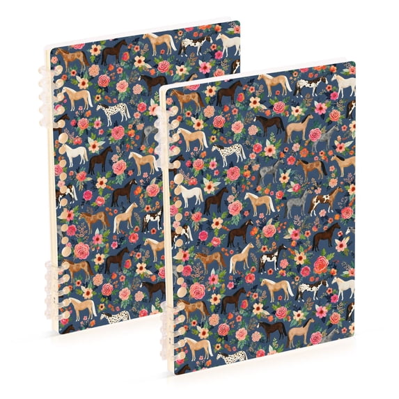 FORMRS 1-Subject Spiral Notebook 8" x 5" College Ruled 60 Refillable Sheet A5 Hard Cover, 2 Pack, Blue Floral Horses Pattern