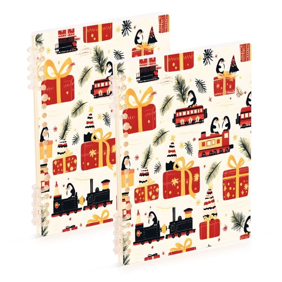 FORMRS 1-Subject Spiral Notebook 8" x 5" College Ruled 60 Refillable Sheet A5 Hard Cover, 2 Pack, Christmas Box Train