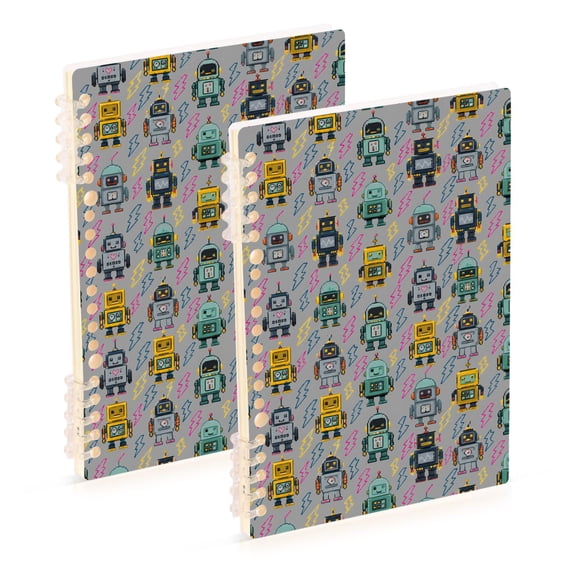 FORMRS 1-Subject Spiral Notebook 8" x 5" College Ruled 60 Refillable Sheet A5 Hard Cover, 2 Pack, Gray Cartoon Robot Pattern