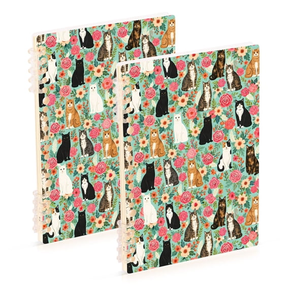 FORMRS 1-Subject Spiral Notebook 8" x 5" College Ruled 60 Refillable Sheet A5 Hard Cover, 2 Pack, Green Floral Cats Pattern
