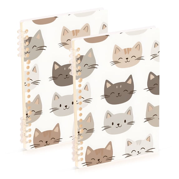 FORMRS 1-Subject Spiral Notebook 8" x 5" College Ruled 60 Refillable Sheet A5 Hard Cover, 2 Pack, Light Gray Cat Pattern