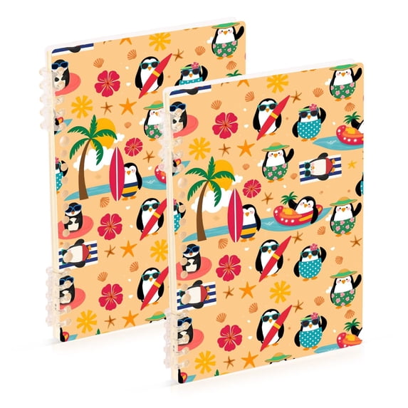 FORMRS 1-Subject Spiral Notebook 8" x 5" College Ruled 60 Refillable Sheet A5 Hard Cover, 2 Pack, Penguins Beach Pattern