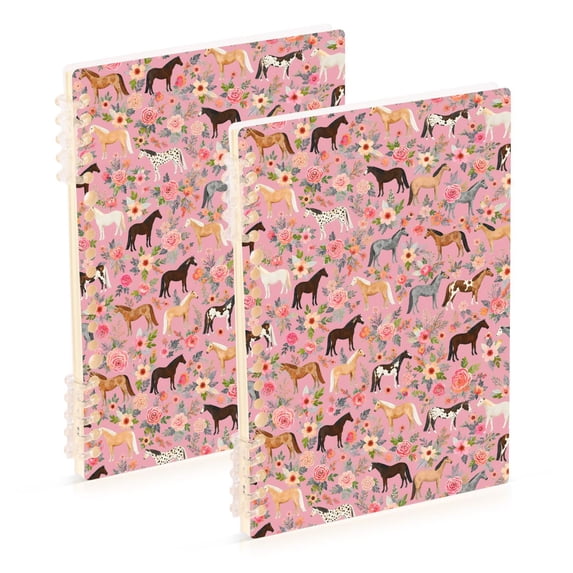 FORMRS 1-Subject Spiral Notebook 8" x 5" College Ruled 60 Refillable Sheet A5 Hard Cover, 2 Pack, Pink Floral Horses Pattern