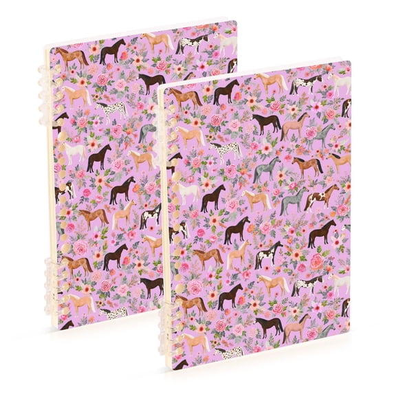 FORMRS 1-Subject Spiral Notebook 8" x 5" College Ruled 60 Refillable Sheet A5 Hard Cover, 2 Pack, Purple Floral Horses Pattern