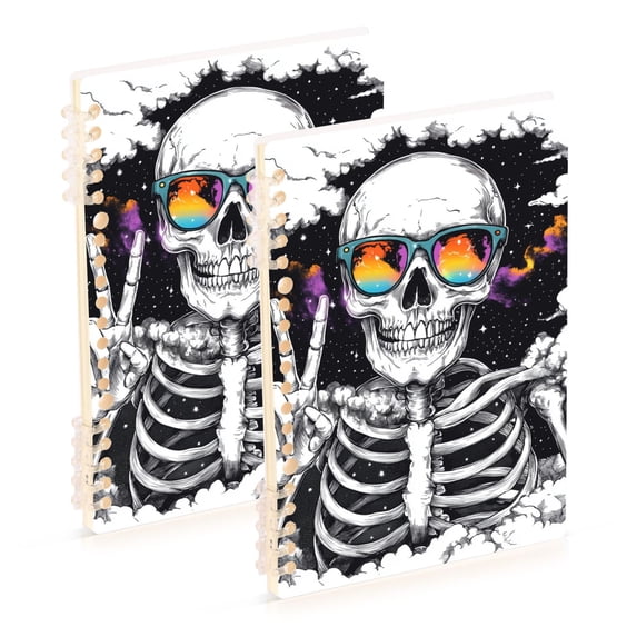 FORMRS 1-Subject Spiral Notebook 8" x 5" College Ruled 60 Refillable Sheet A5 Hard Cover, 2 Pack, Skeleton with Glasses