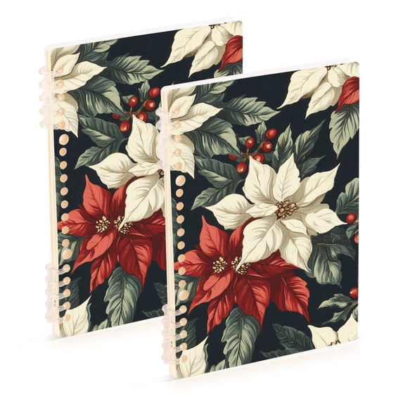 FORMRS 1-Subject Spiral Notebook 8" x 5" College Ruled 60 Refillable Sheet A5 Hard Cover, 2 Pack, White Christmas Leaves