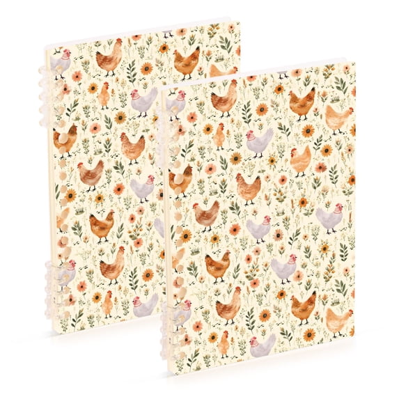 FORMRS 1-Subject Spiral Notebook 8" x 5" College Ruled 60 Refillable Sheet A5 Hard Cover, Beige Chickens Pattern