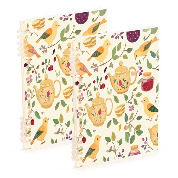 FORMRS 1-Subject Spiral Notebook 8" x 5" College Ruled 60 Refillable Sheet A5 Hard Cover, Birds Tea Time