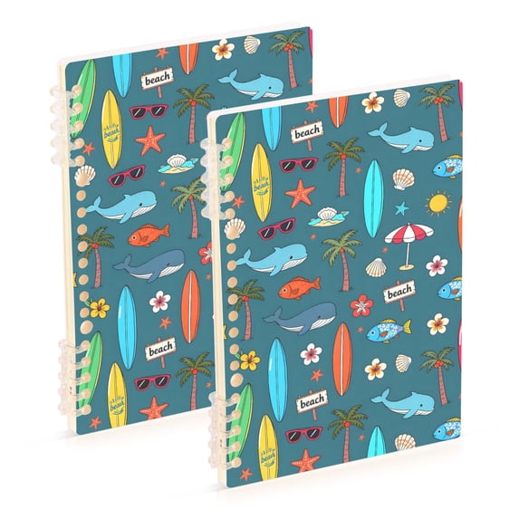 FORMRS 1-Subject Spiral Notebook 8" x 5" College Ruled 60 Refillable Sheet A5 Hard Cover, Cartoon Beach Pattern