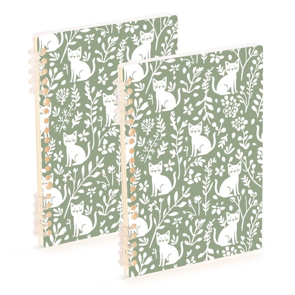 FORMRS 1-Subject Spiral Notebook 8" x 5" College Ruled 60 Refillable Sheet A5 Hard Cover, Green Floral Cat Pattern