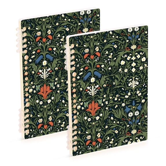 FORMRS 1-Subject Spiral Notebook 8" x 5" College Ruled 60 Refillable Sheet A5 Hard Cover, Green Flowers Pattern