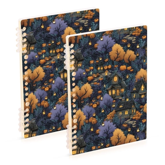 FORMRS 1-Subject Spiral Notebook 8" x 5" College Ruled 60 Refillable Sheet A5 Hard Cover, Halloween Houses Pattern