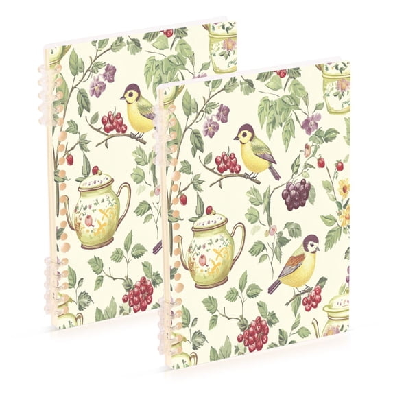FORMRS 1-Subject Spiral Notebook 8" x 5" College Ruled 60 Refillable Sheet A5 Hard Cover, Purple Birds Teapots