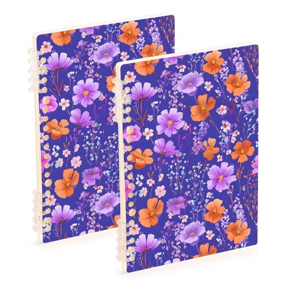 FORMRS 1-Subject Spiral Notebook 8" x 5" College Ruled 60 Refillable Sheet A5 Hard Cover, Purple Wildflowers Pattern