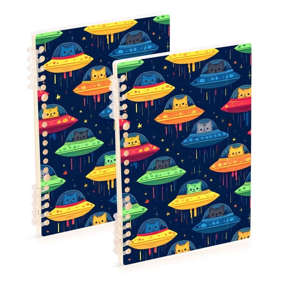 FORMRS 1-Subject Spiral Notebook 8" x 5" College Ruled 60 Refillable Sheet A5 Hard Cover, Rainbow Space Cat