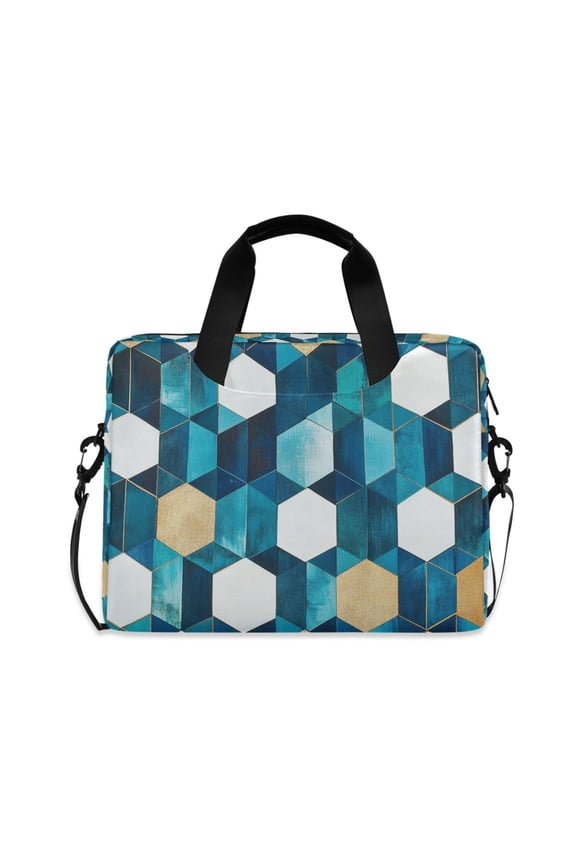 16" Laptop Bag Carrying Sleeve Case with Handle Travel Shoulder Briefcase, Blue White Geometric Patterns