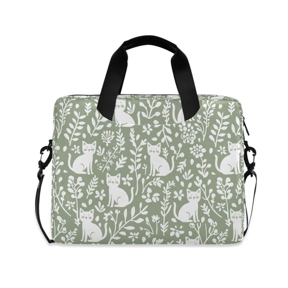 FORMRS 16" Laptop Bag Carrying Sleeve Case with Handle Travel Shoulder Briefcase, Green Floral Cat Pattern