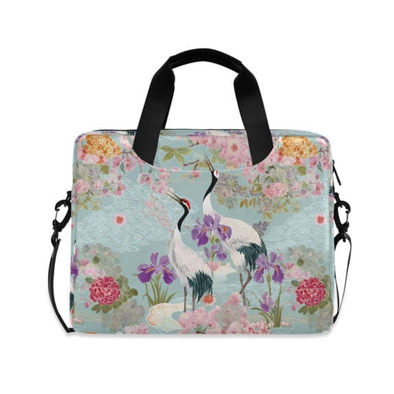 FORMRS 16" Laptop Bag Carrying Sleeve Case with Handle Travel Shoulder Briefcase, Green Floral Cranes Pattern