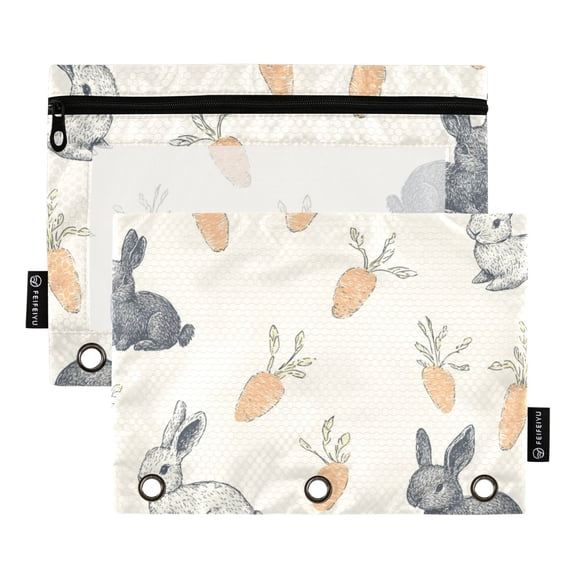 FORMRS 2 Pack Pencil Pouch for 3 Ring Binder with Clear Window Zipper Case, Adorable Bunnies
