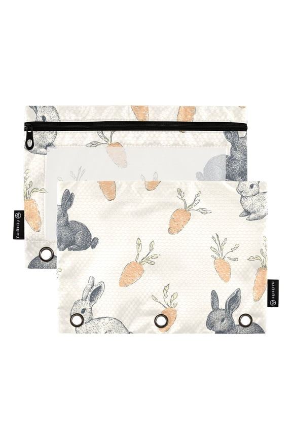 2 Pack Pencil Pouch for 3 Ring Binder with Clear Window Zipper Case, Adorable Bunnies