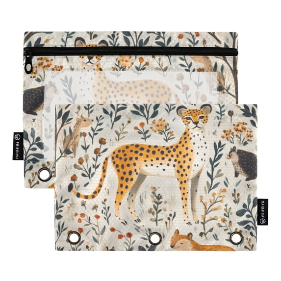 FORMRS 2 Pack Pencil Pouch for 3 Ring Binder with Clear Window Zipper Case, Animals in A Forest Pattern