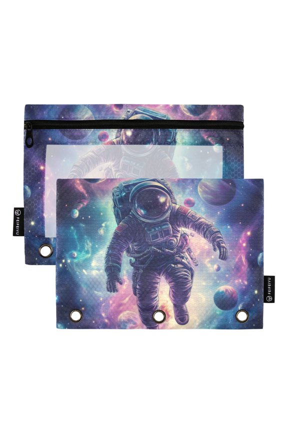 2 Pack Pencil Pouch for 3 Ring Binder with Clear Window Zipper Case, Astronaut Pattern