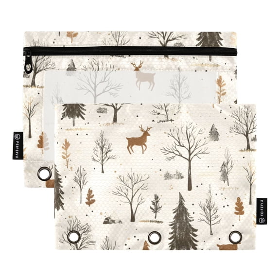 FORMRS 2 Pack Pencil Pouch for 3 Ring Binder with Clear Window Zipper Case, Beige Christmas Forest