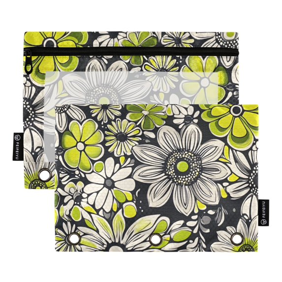 FORMRS 2 Pack Pencil Pouch for 3 Ring Binder with Clear Window Zipper Case, Beige Flower Pattern