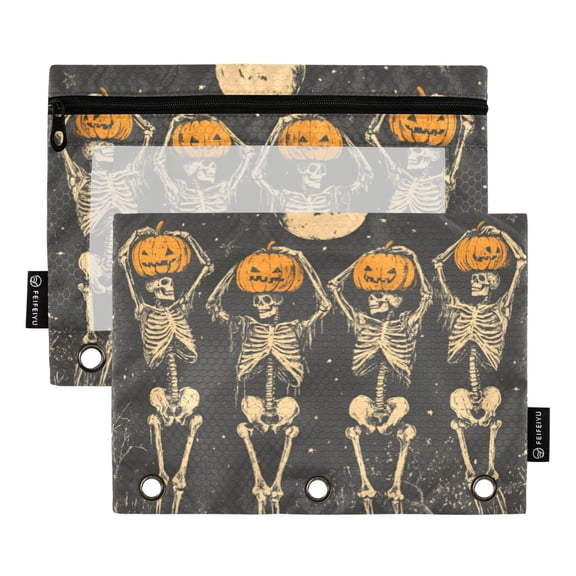 FORMRS 2 Pack Pencil Pouch for 3 Ring Binder with Clear Window Zipper Case, Beige Halloween Skeleton