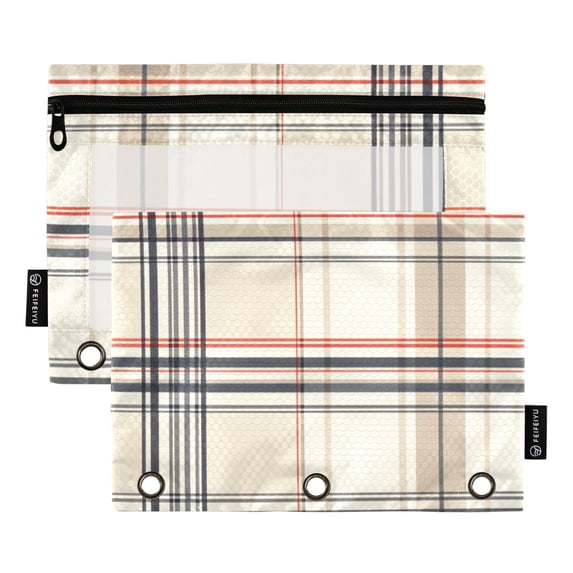 FORMRS 2 Pack Pencil Pouch for 3 Ring Binder with Clear Window Zipper Case, Beige Plaid Pattern