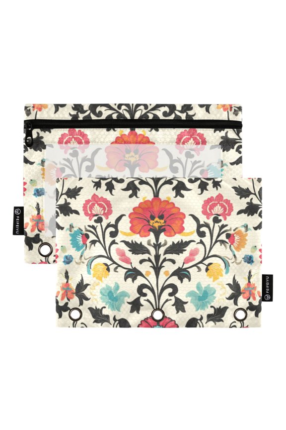 2 Pack Pencil Pouch for 3 Ring Binder with Clear Window Zipper Case, Beige Red Floral