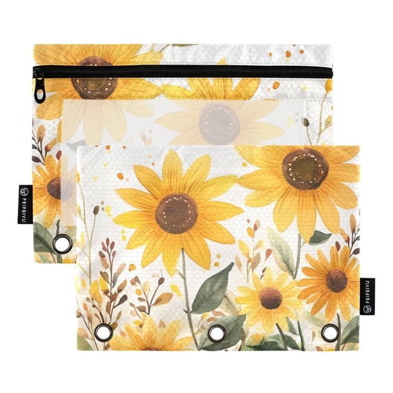 FORMRS 2 Pack Pencil Pouch for 3 Ring Binder with Clear Window Zipper Case, Beige Sunflowers