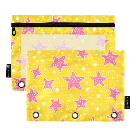 FORMRS 2 Pack Pencil Pouch for 3 Ring Binder with Clear Window Zipper Case, Big Pink Stars Pattern