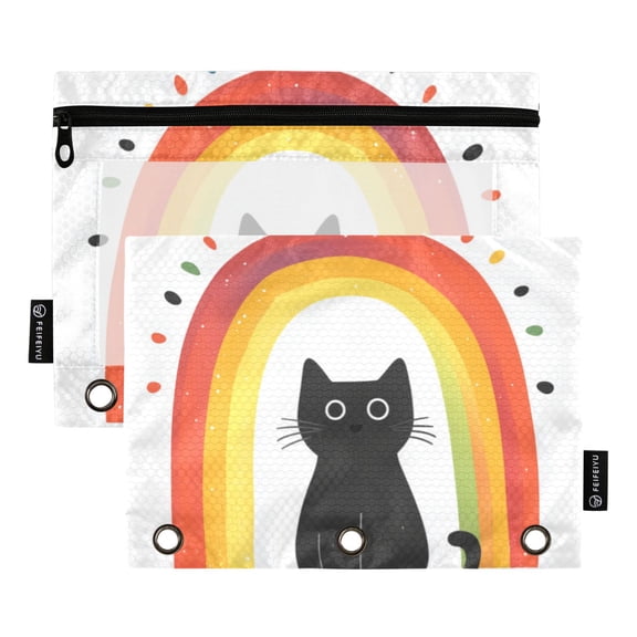 FORMRS 2 Pack Pencil Pouch for 3 Ring Binder with Clear Window Zipper Case, Black Cat Rainbow