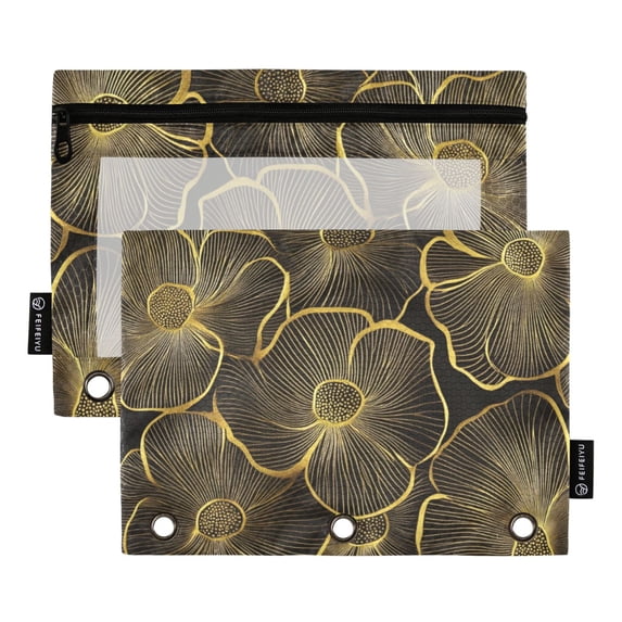 FORMRS 2 Pack Pencil Pouch for 3 Ring Binder with Clear Window Zipper Case, Black Flower Pattern