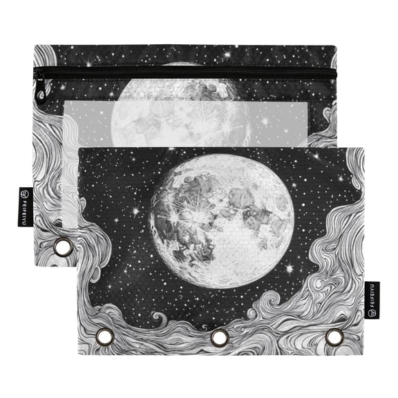 FORMRS 2 Pack Pencil Pouch for 3 Ring Binder with Clear Window Zipper Case, Black Moon
