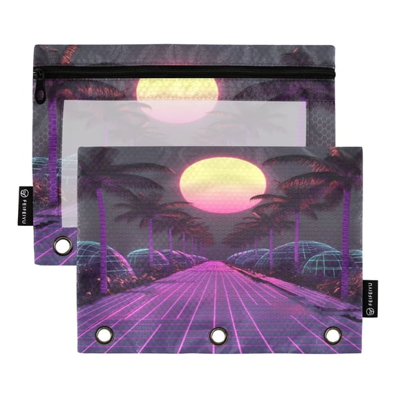 FORMRS 2 Pack Pencil Pouch for 3 Ring Binder with Clear Window Zipper Case, Black Neon Road