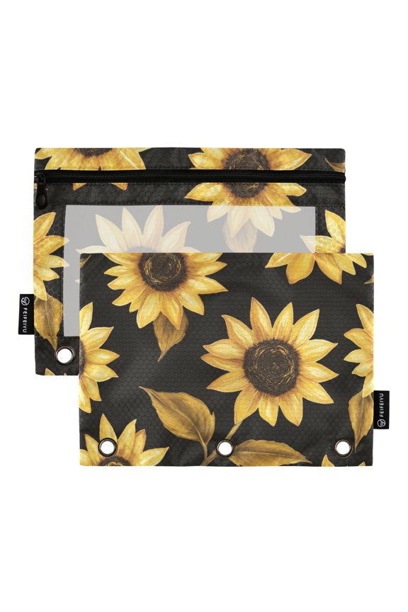 2 Pack Pencil Pouch for 3 Ring Binder with Clear Window Zipper Case, Black Sunflower Pattern