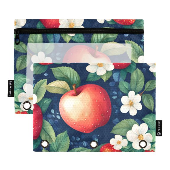 FORMRS 2 Pack Pencil Pouch for 3 Ring Binder with Clear Window Zipper Case, Blue Apple Pattern