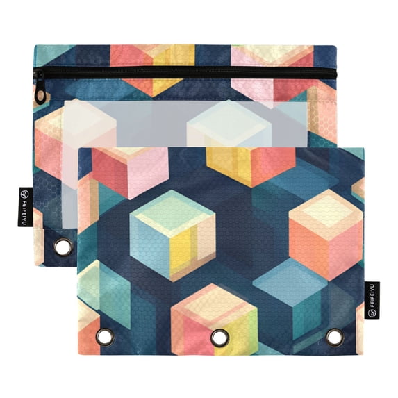 FORMRS 2 Pack Pencil Pouch for 3 Ring Binder with Clear Window Zipper Case, Blue Cubes