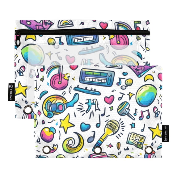 FORMRS 2 Pack Pencil Pouch for 3 Ring Binder with Clear Window Zipper Case, Blue Doodle Pattern
